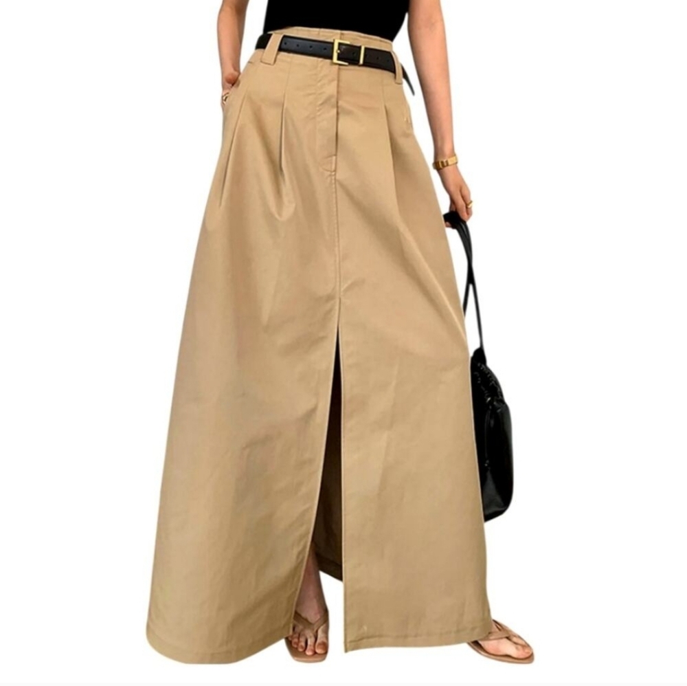Commense Women's M Khaki Oversized Cotton Split Mid Waist Maxi Skirt Lagenlook